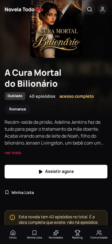 Página de uma novela com a sinopse e o botão Assistir agora