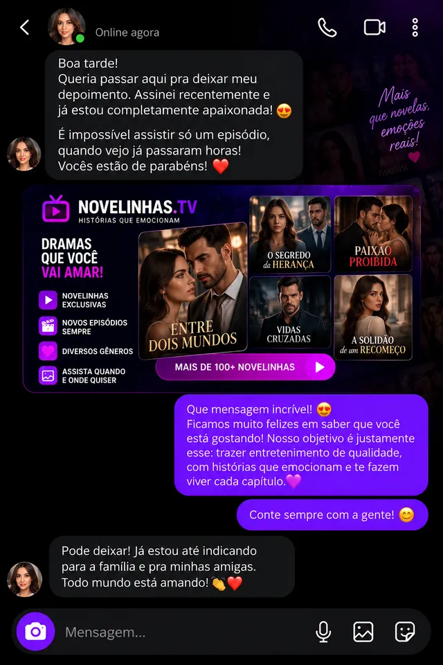 Conversa de uma assinante dizendo que é impossível assistir só um episódio